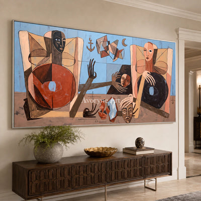 Borrowed Faces: Panoramic Cubist Figure Wall Art — entryway silver frame oblique