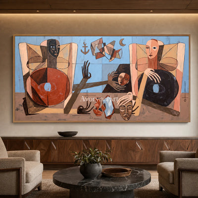 Borrowed Faces: Panoramic Cubist Figure Wall Art — hotel wood frame