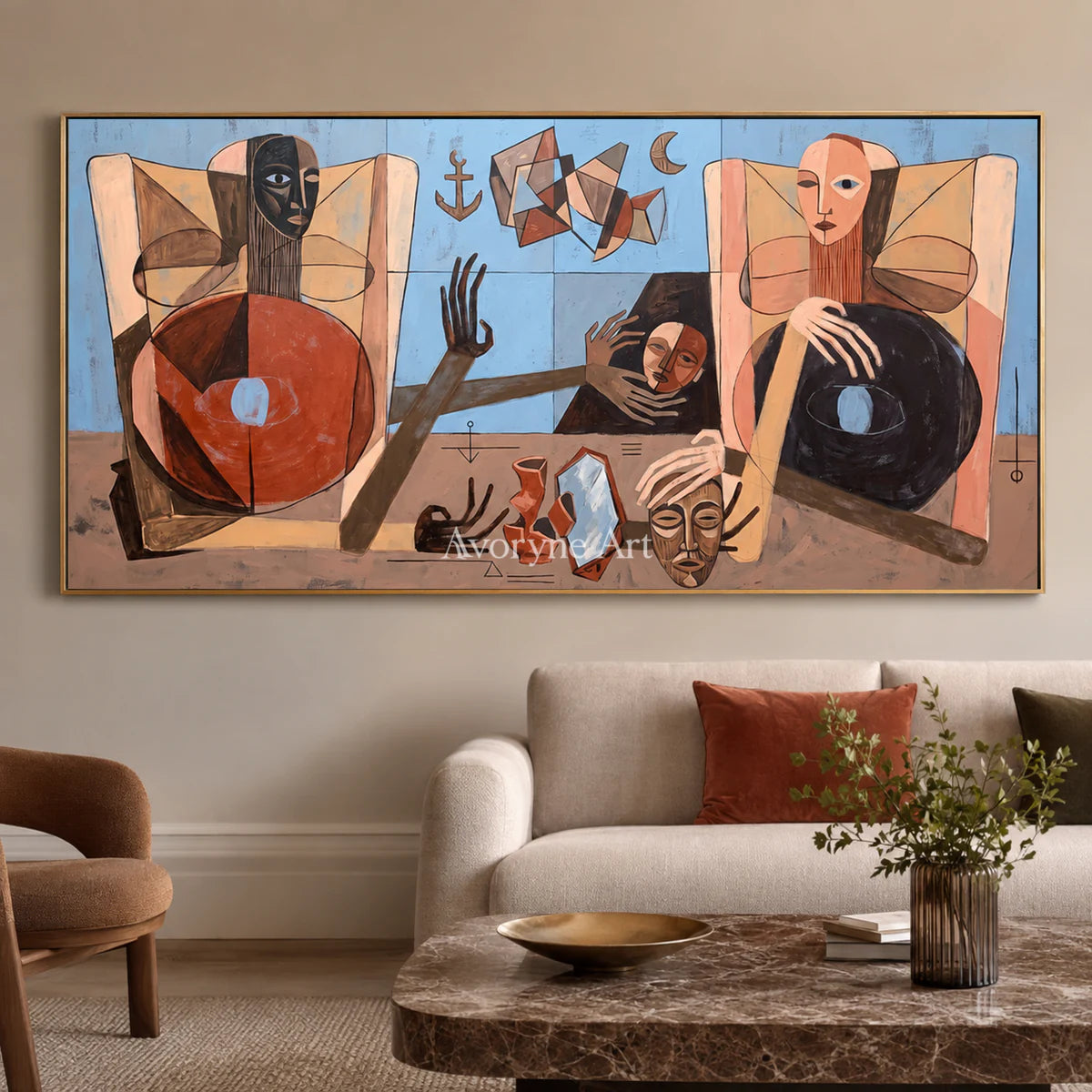 Borrowed Faces: Panoramic Cubist Figure Wall Art — living room gold frame