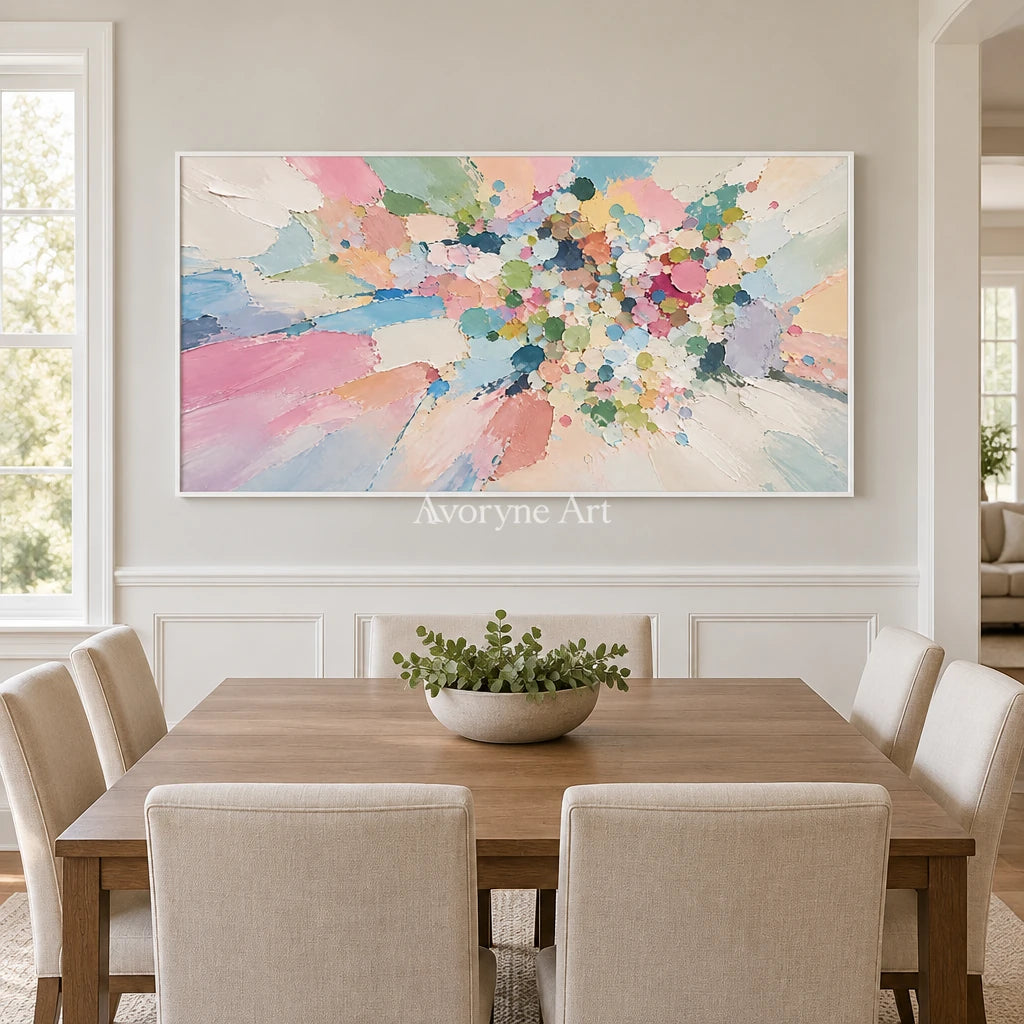 Pastel Confetti: Pastel Abstract Panoramic Art — dining white