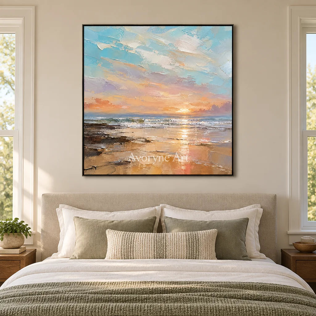 Apricot Evening: Pastel Coastal Sunset Wall Art — bedroom black