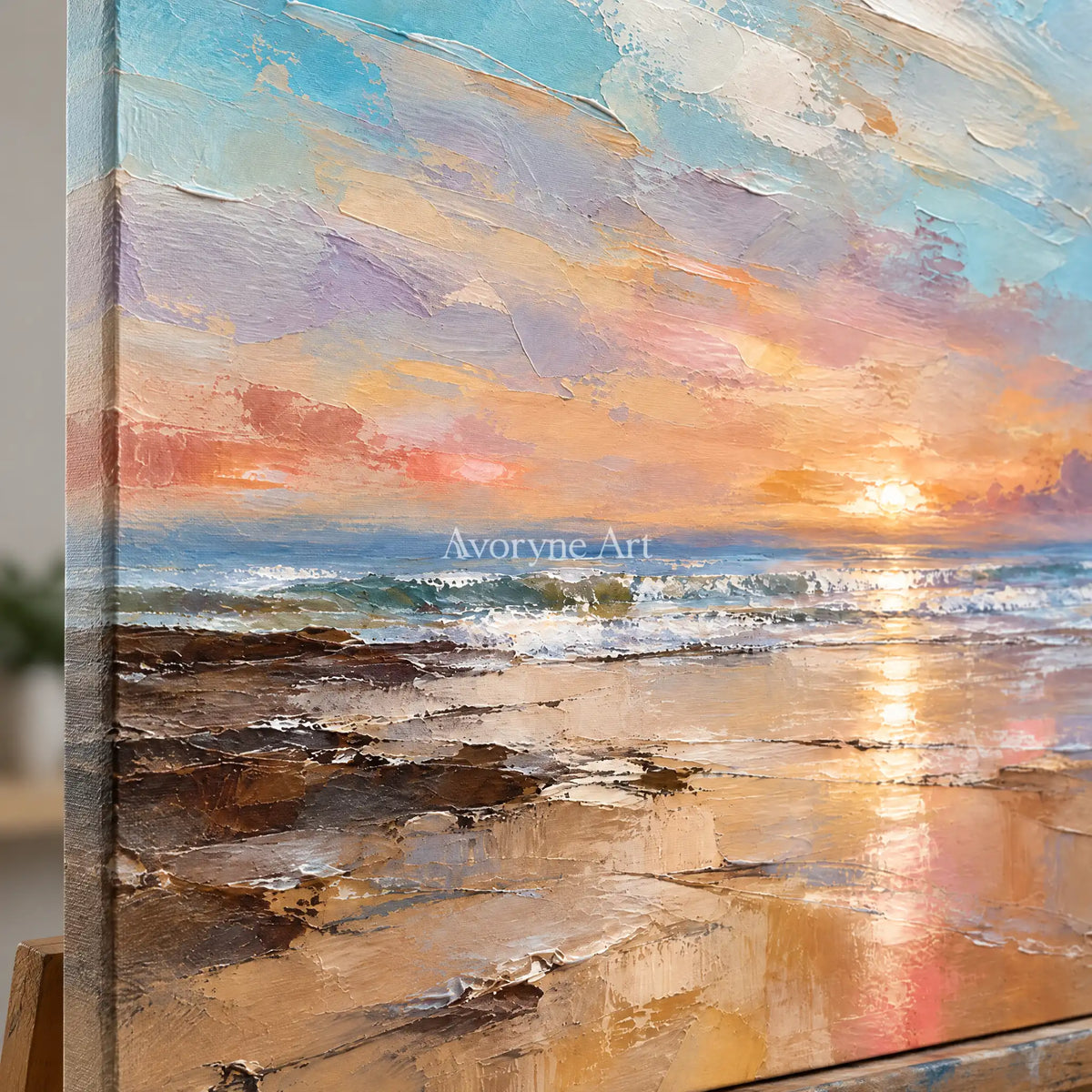 Apricot Evening: Pastel Coastal Sunset Wall Art — detail easel