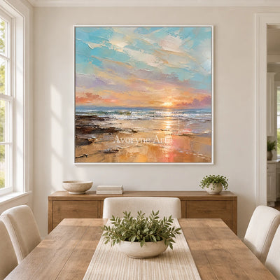 Apricot Evening: Pastel Coastal Sunset Wall Art — dining white