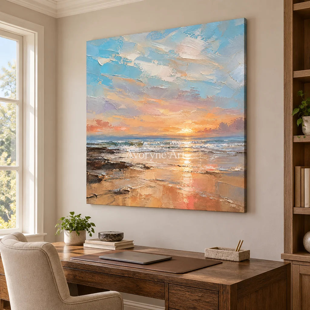 Apricot Evening: Pastel Coastal Sunset Wall Art — office frameless