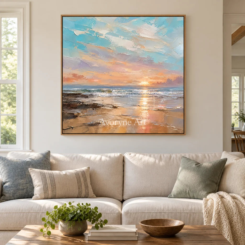Apricot Evening: Pastel Coastal Sunset Wall Art — villa wood