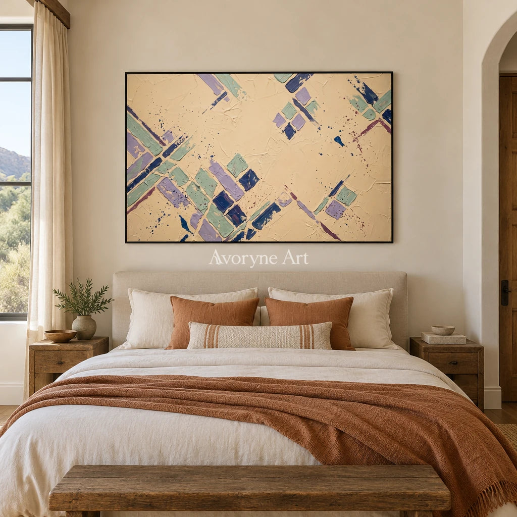 Misted Solace pastel geometric art with a black frame above a bed in a bedroom
