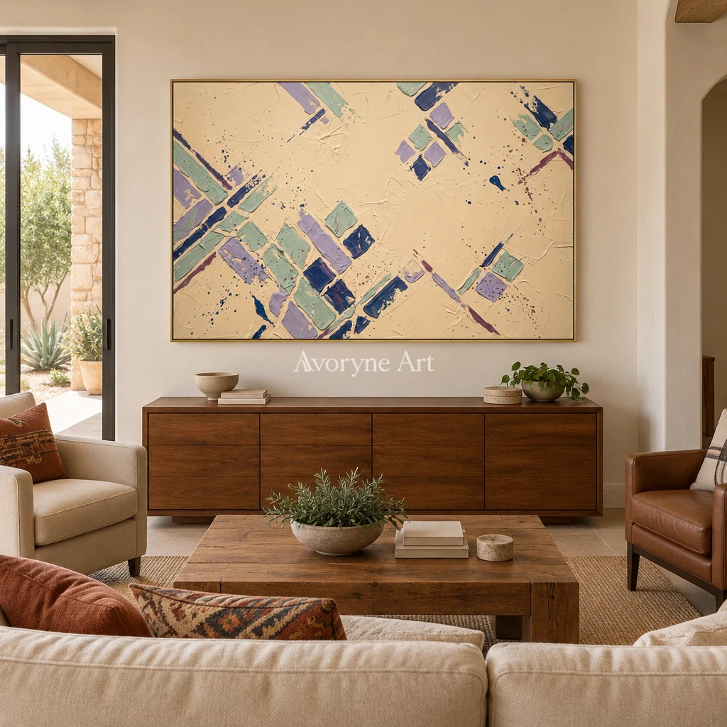 Misted Solace pastel geometric art with a gold frame hanging in a living room
