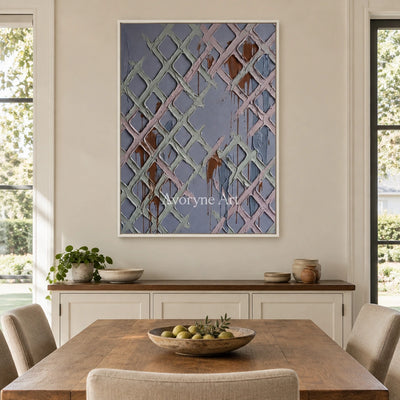 Weathered Field pastel grid texture wall art with a white frame in a dining room