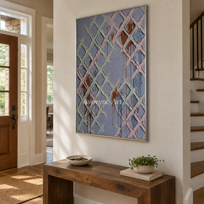 Weathered Field pastel grid texture wall art with a silver frame in an entryway