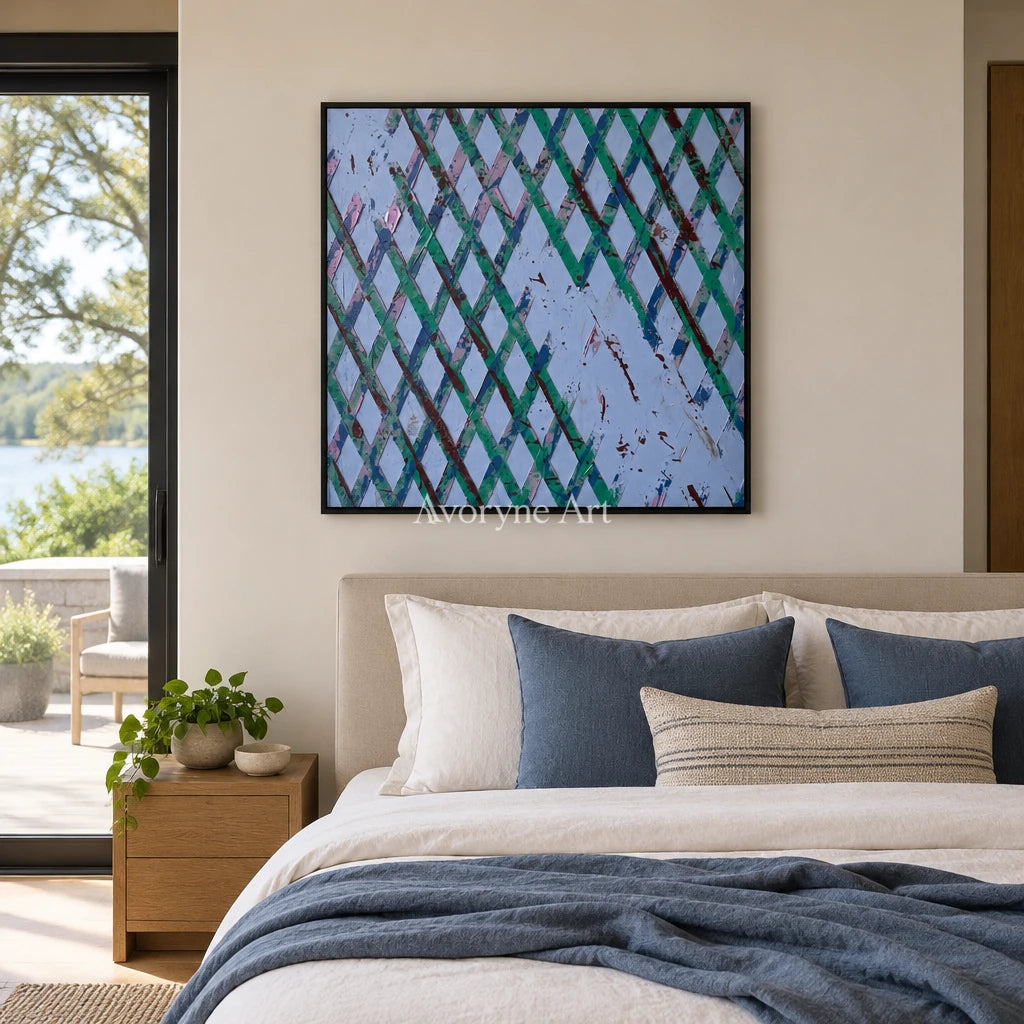 Earthen Haven pastel grid texture wall art with a black frame above a bed in a bedroom