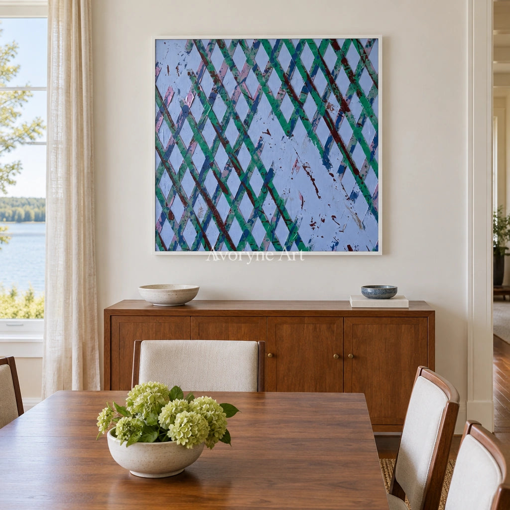 Earthen Haven pastel grid texture wall art with a white frame in a dining room