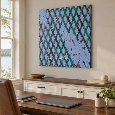 Earthen Haven pastel grid texture wall art as a frameless stretched canvas in a home office