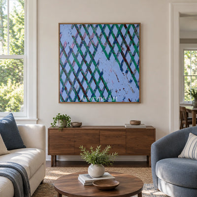 Earthen Haven pastel grid texture wall art with a wood frame in a villa living space