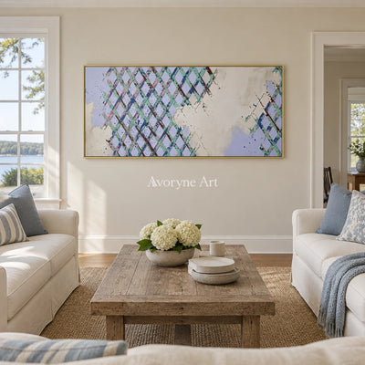 Earthen Rhythm pastel grid texture wall art with a gold frame hanging in a living room