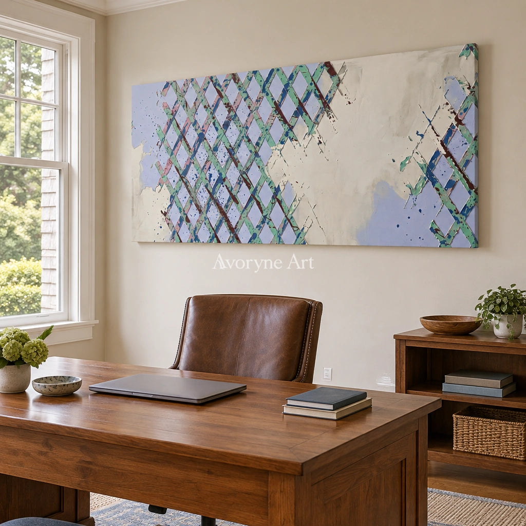 Earthen Rhythm pastel grid texture wall art as a frameless stretched canvas in a home office