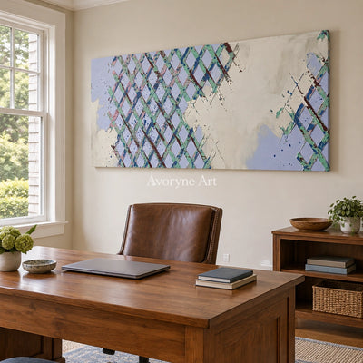Earthen Rhythm pastel grid texture wall art as a frameless stretched canvas in a home office