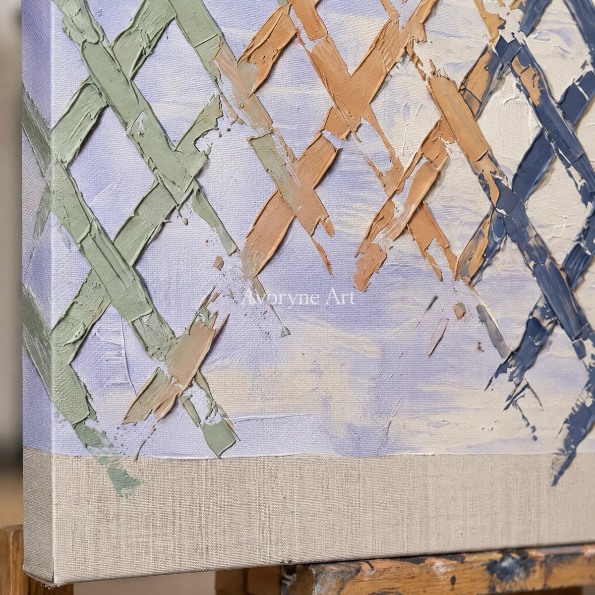 Close-up of the hand-painted texture of Earthen Memory pastel grid texture wall art on an easel