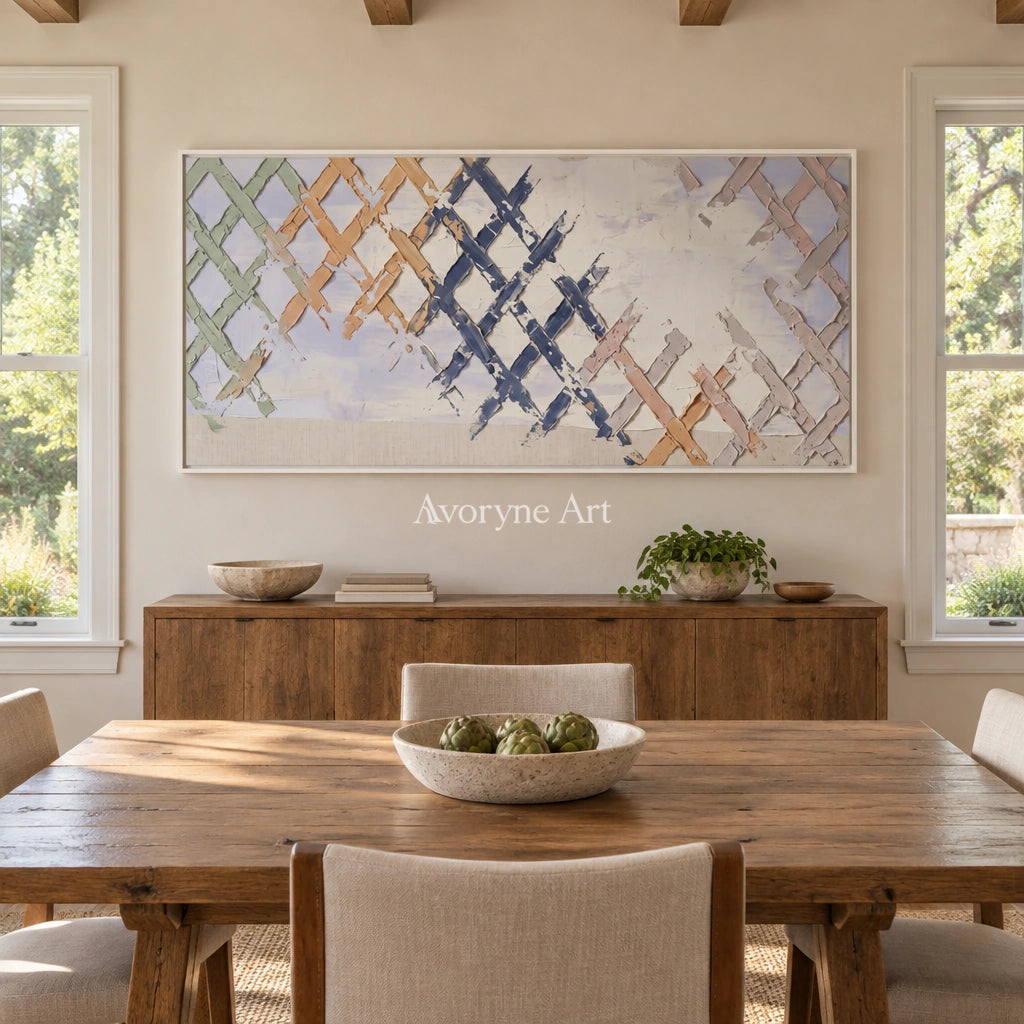 Earthen Memory pastel grid texture wall art with a white frame in a dining room