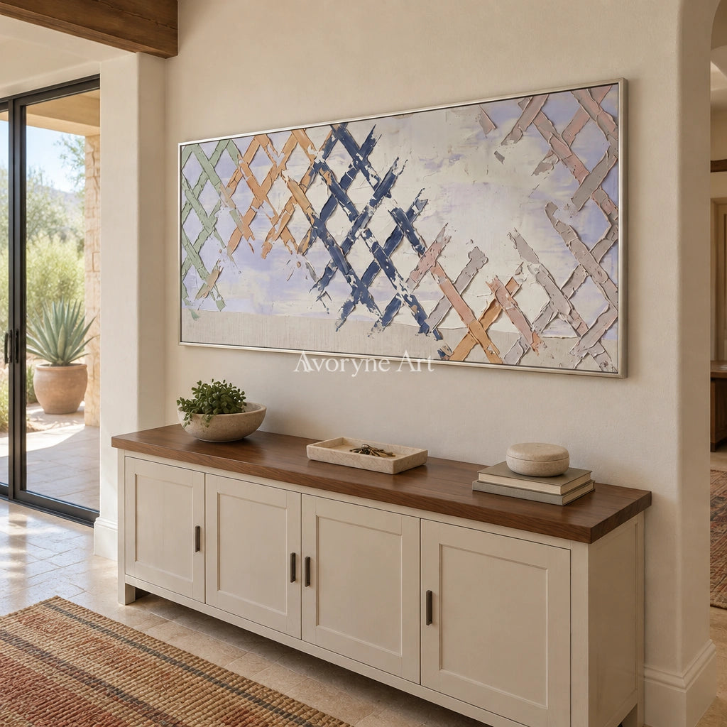 Earthen Memory pastel grid texture wall art with a silver frame in an entryway