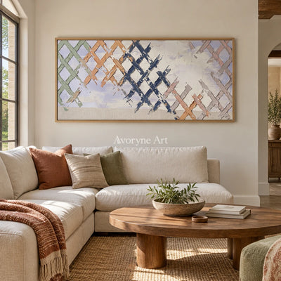 Earthen Memory pastel grid texture wall art with a wood frame in a villa living space