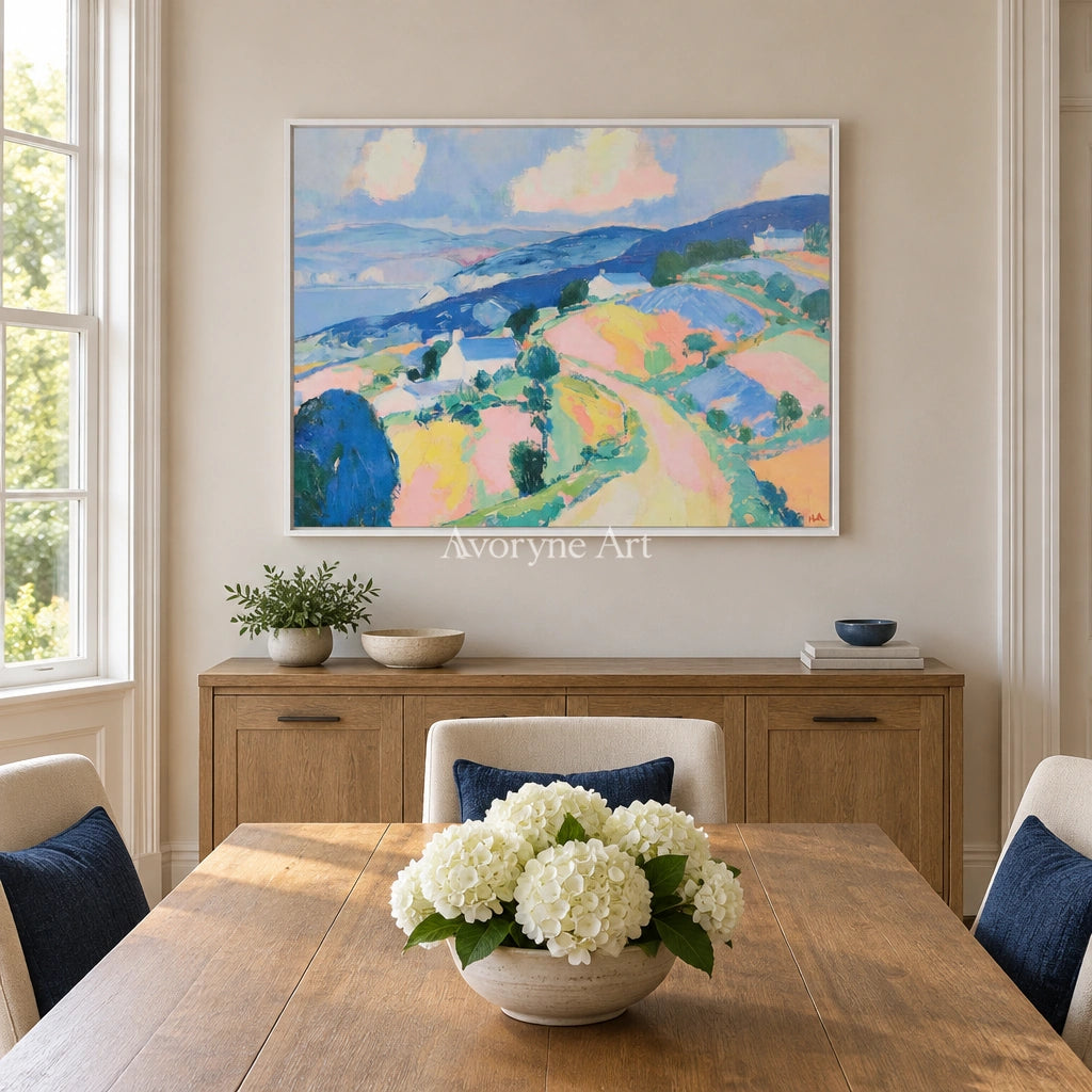 Ivory Open Gesture: Pastel Hillside Art — dining white