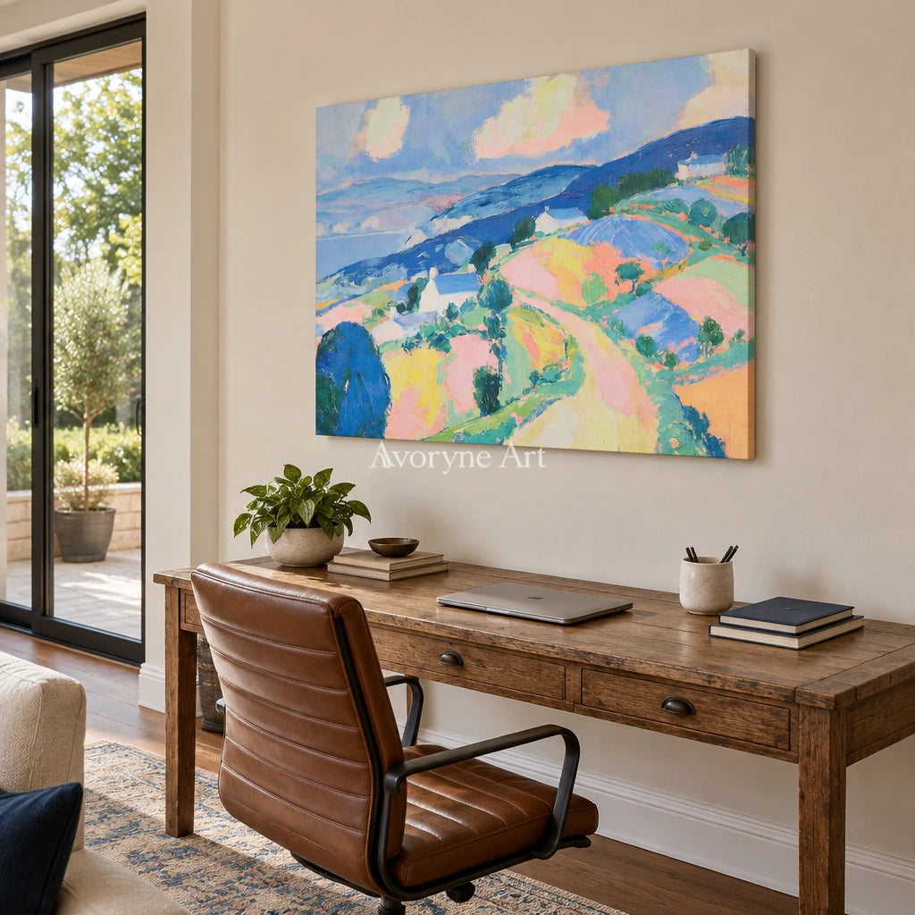 Ivory Open Gesture: Pastel Hillside Art — office frameless