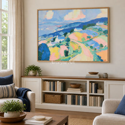 Ivory Open Gesture: Pastel Hillside Art — villa wood