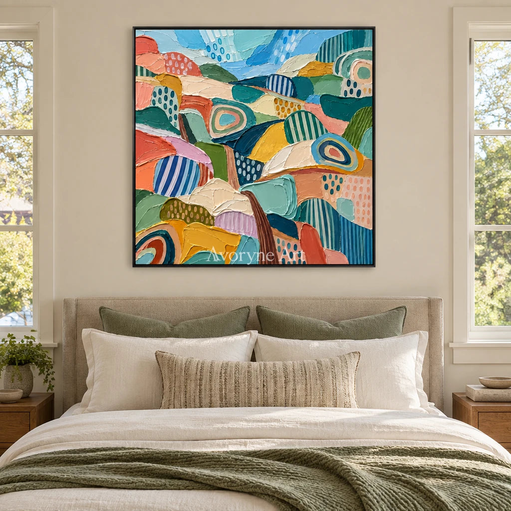 Amber Rhythm patterned field wall art with a black frame above a bed in a bedroom