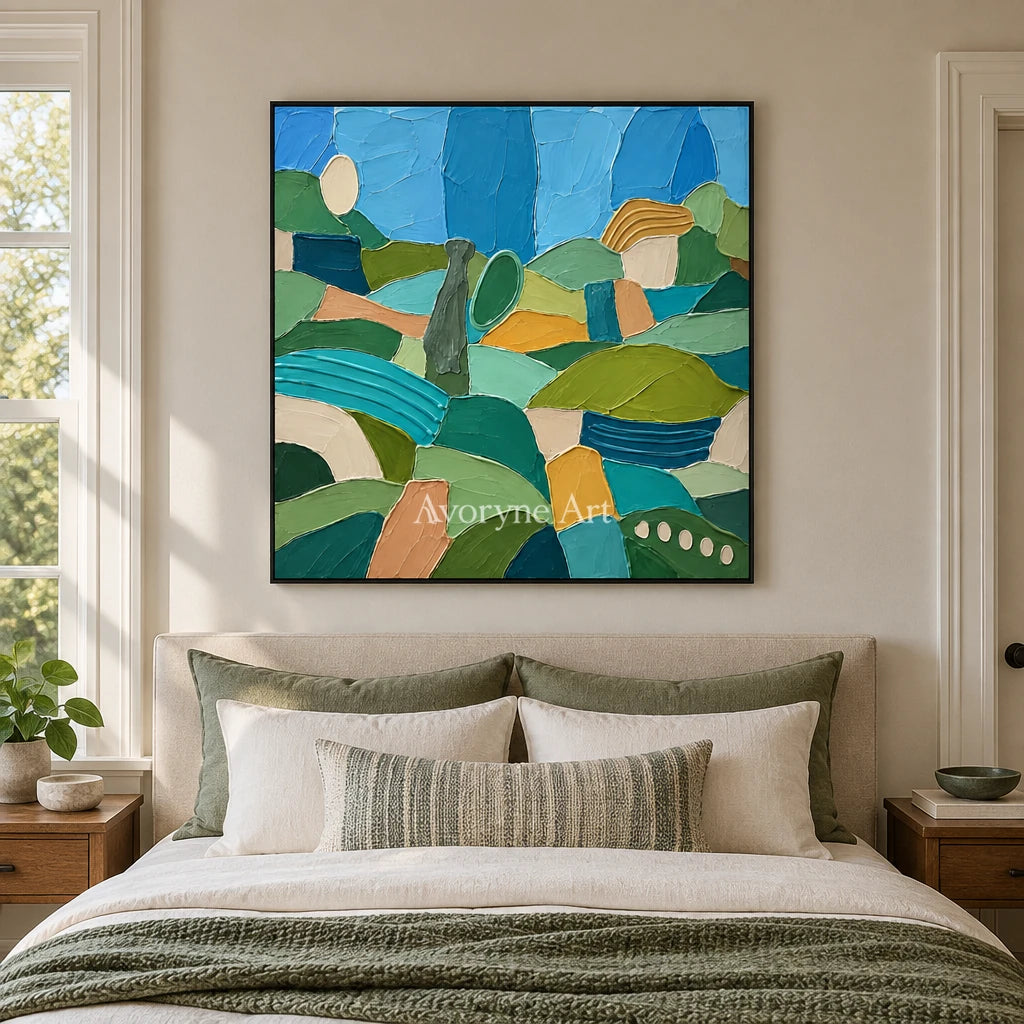Amber Drift patterned field wall art with a black frame above a bed in a bedroom
