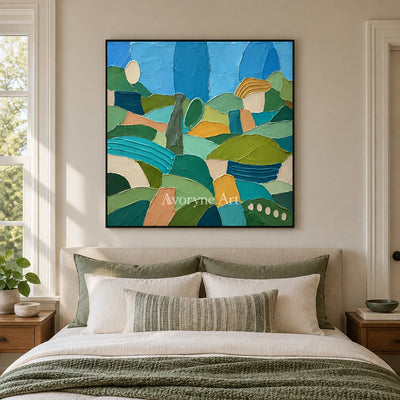 Amber Drift patterned field wall art with a black frame above a bed in a bedroom