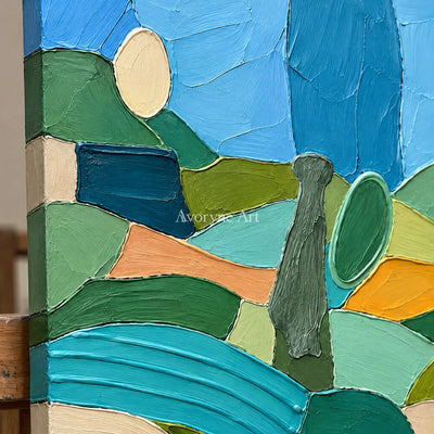 Close-up of the hand-painted texture of Amber Drift patterned field wall art on an easel