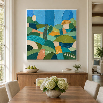 Amber Drift patterned field wall art with a white frame in a dining room