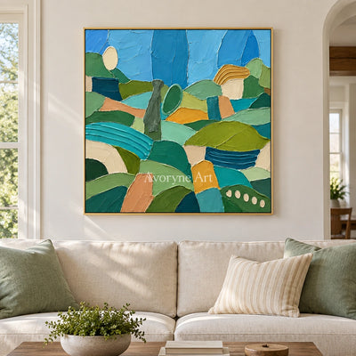 Amber Drift patterned field wall art with a gold frame hanging in a living room