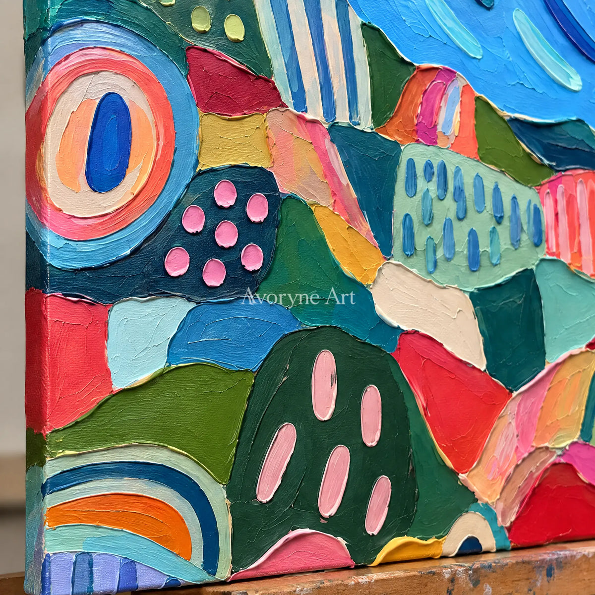 Close-up of the hand-painted texture of Amber Prelude patterned field wall art on an easel