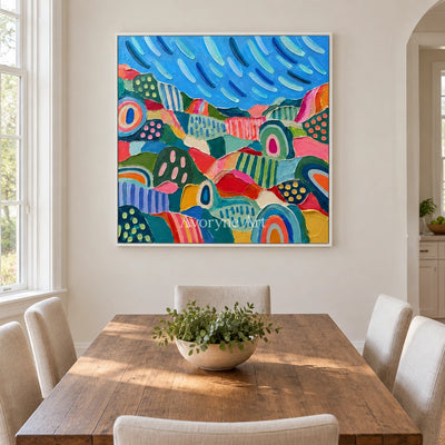 Amber Prelude patterned field wall art with a white frame in a dining room