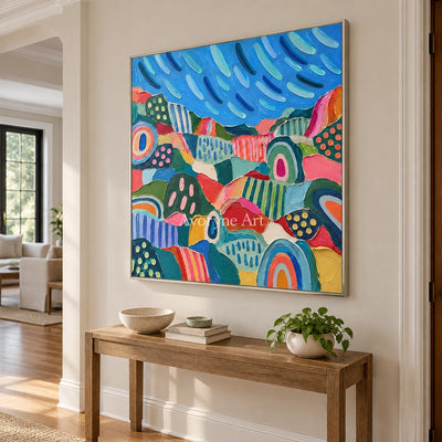 Amber Prelude patterned field wall art with a silver frame in an entryway