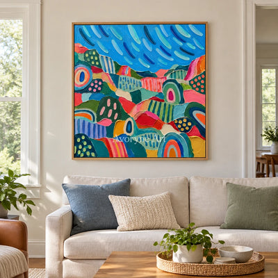 Amber Prelude patterned field wall art with a wood frame in a villa living space