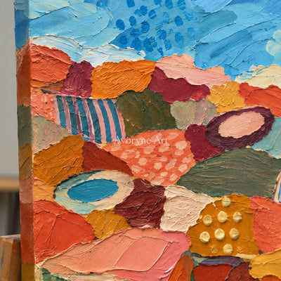 Close-up of the hand-painted texture of Amber Vista patterned field wall art on an easel