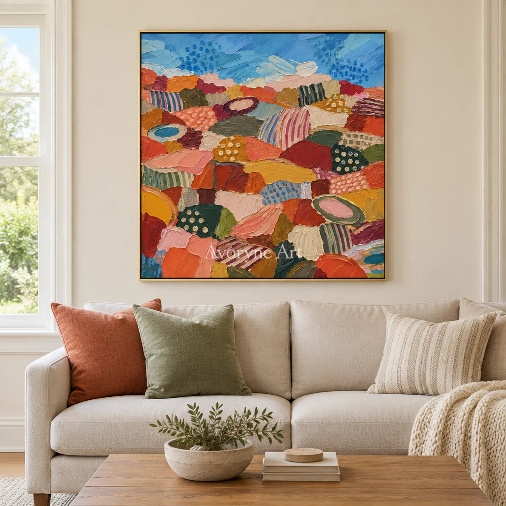 Amber Vista patterned field wall art with a gold frame hanging in a living room