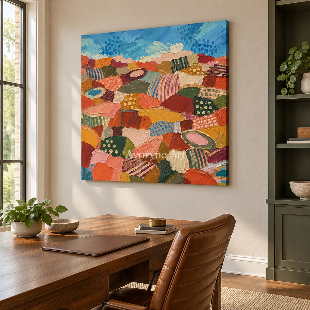 Amber Vista patterned field wall art as a frameless stretched canvas in a home office