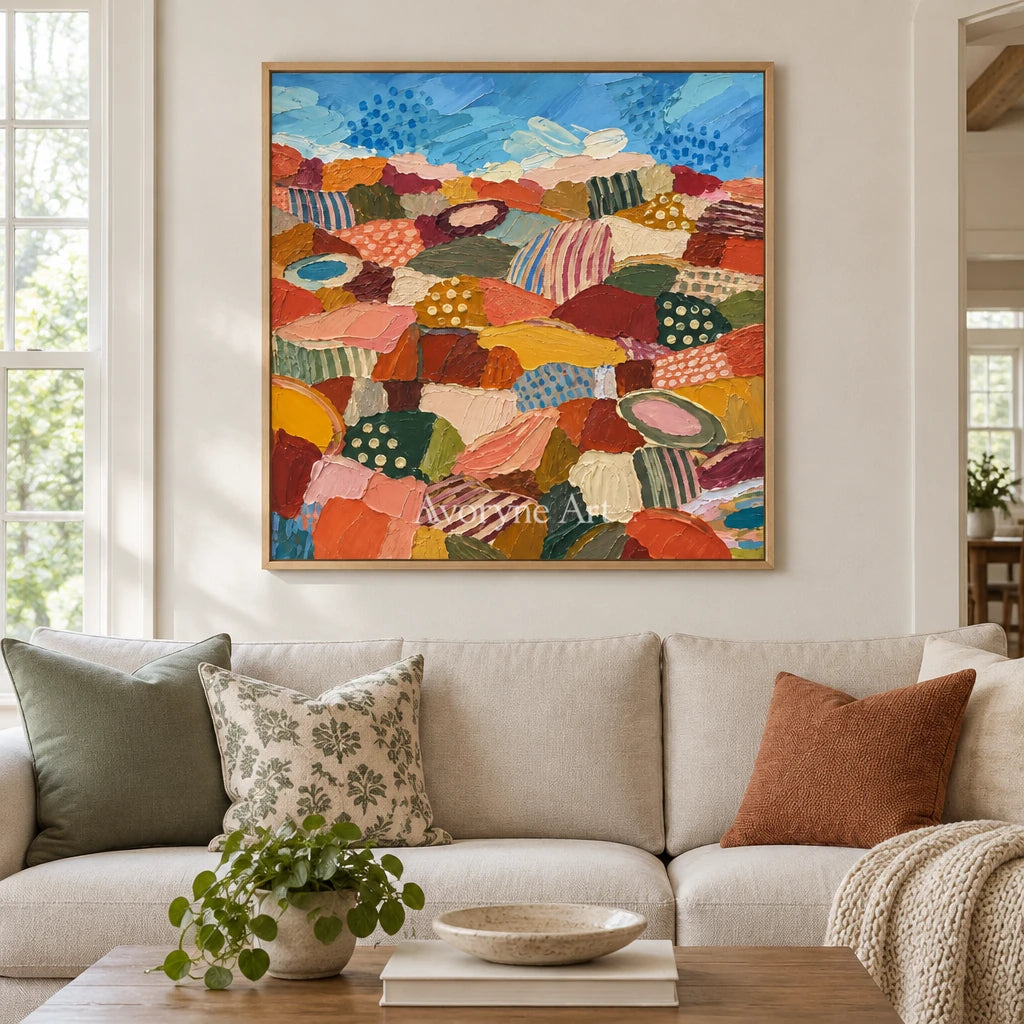 Amber Vista patterned field wall art with a wood frame in a villa living space