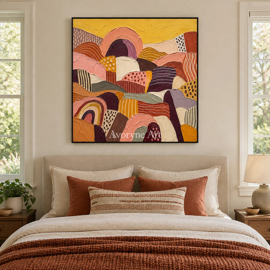 Amber Solace patterned field wall art with a black frame above a bed in a bedroom