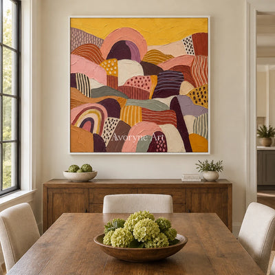 Amber Solace patterned field wall art with a white frame in a dining room