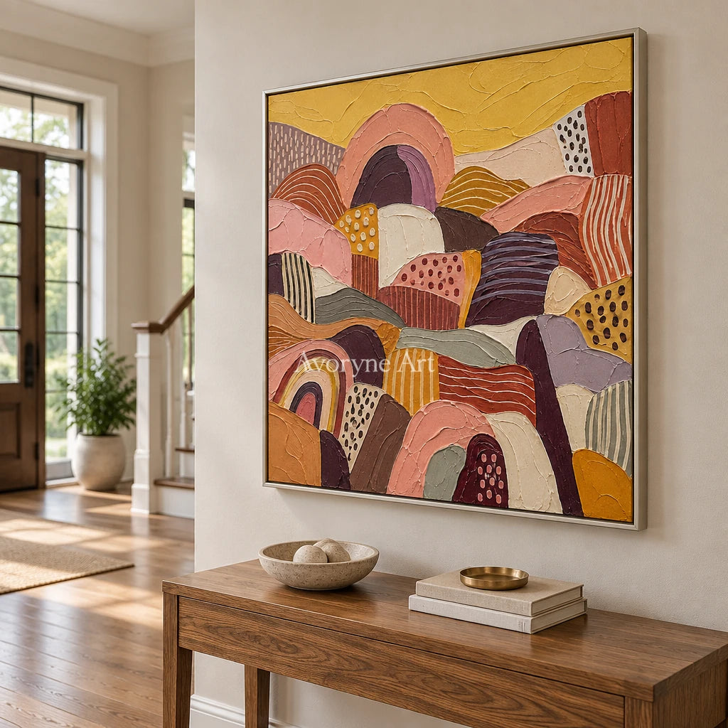 Amber Solace patterned field wall art with a silver frame in an entryway