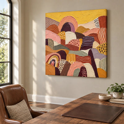 Amber Solace patterned field wall art as a frameless stretched canvas in a home office