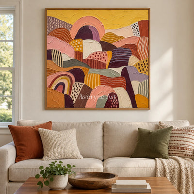 Amber Solace patterned field wall art with a wood frame in a villa living space