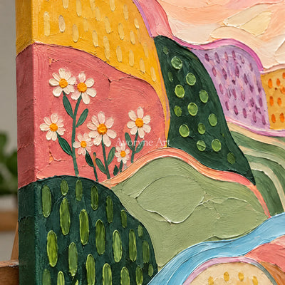 Close-up of the hand-painted texture of Amber Reverberation patterned field wall art on an easel