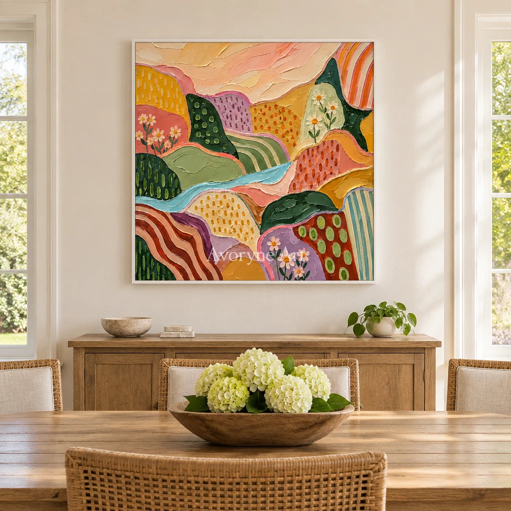 Amber Reverberation patterned field wall art with a white frame in a dining room
