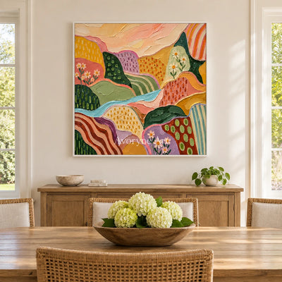Amber Reverberation patterned field wall art with a white frame in a dining room