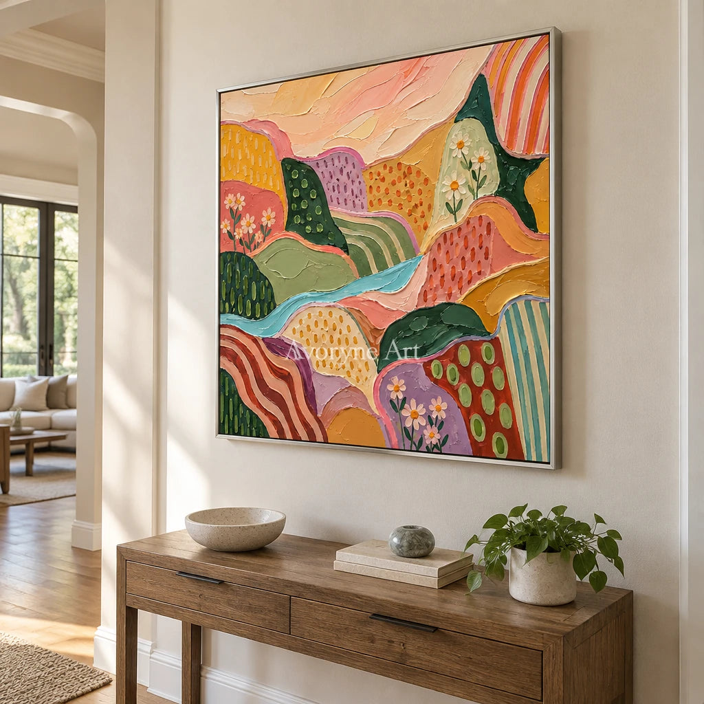 Amber Reverberation patterned field wall art with a silver frame in an entryway